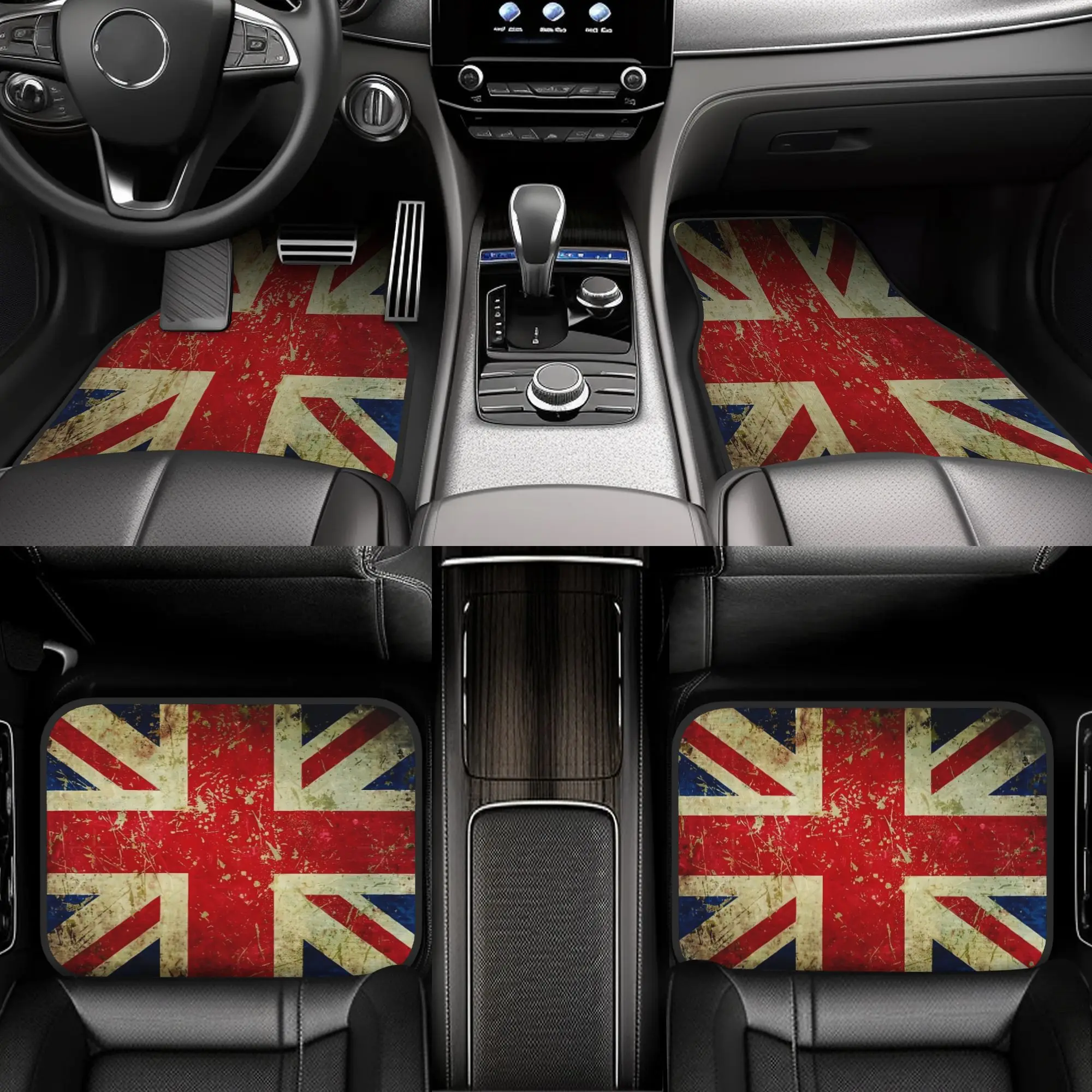 4pcs Grunge Union Jack Scratched Metal Effect Car Floor Mats, Durable Polyester Fiber For Cars – Playful Design & Long-Lasting I