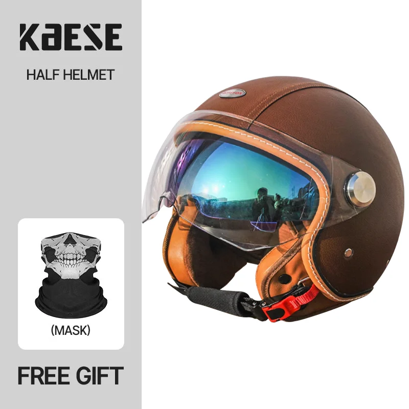 Reines schwarzes Leder Elektrisches Motorrad Kopfumfang Doppelvisier Retro Jet Helm capacete de moto masculino