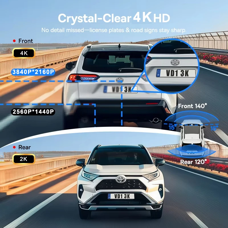 ANSVICAM 4K Dash Cam مسجل أمامي وخلفي مدمج GPS ADAS 2K كاميرا خلفية للرؤية الليلية 24H وضع ركن السيارة WiFi App التحكم