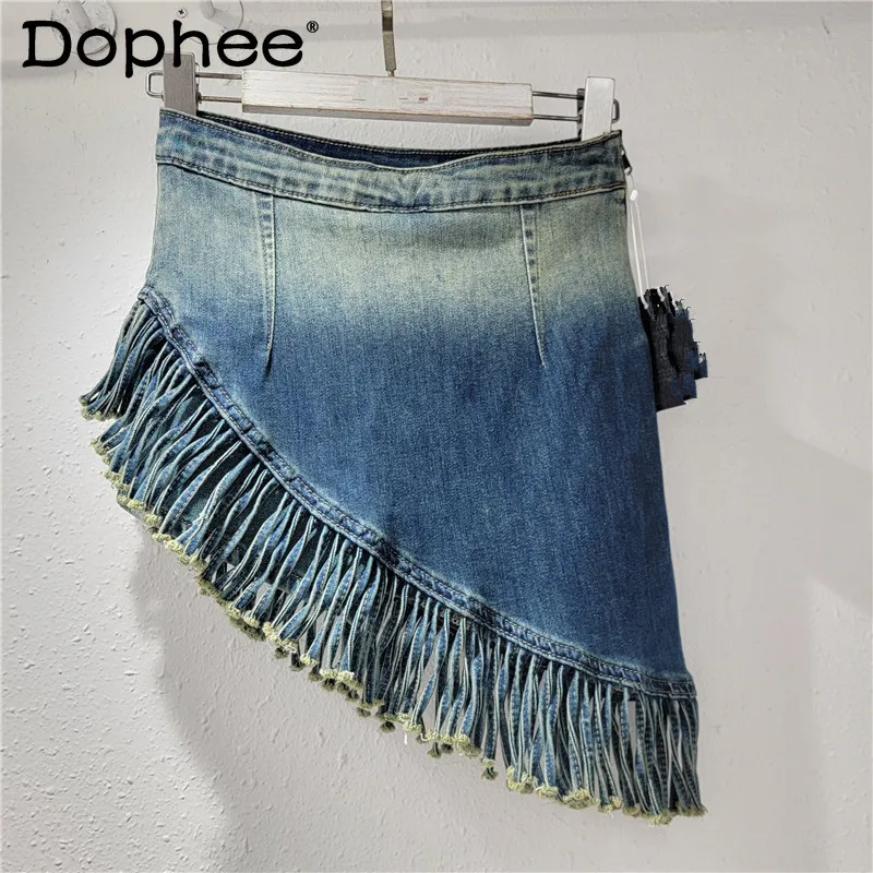 Street Hipster Irregular Denim Skirt Women Summer New Gradient Color Tassel Thin Effect High Waist A- Line Skirt Korean Style