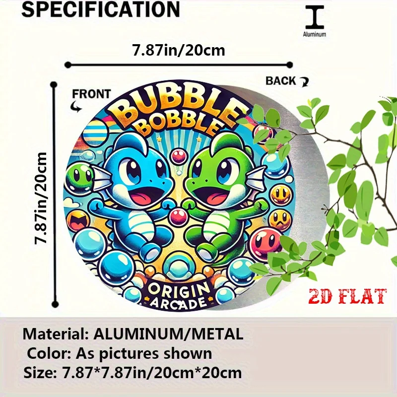 2D Flat 1pc Bubble Bobble Round Aluminum Sign, Retro Fun Metal Tin Sign, Arcade Game 7.87X7.87 Round Aluminum Sign