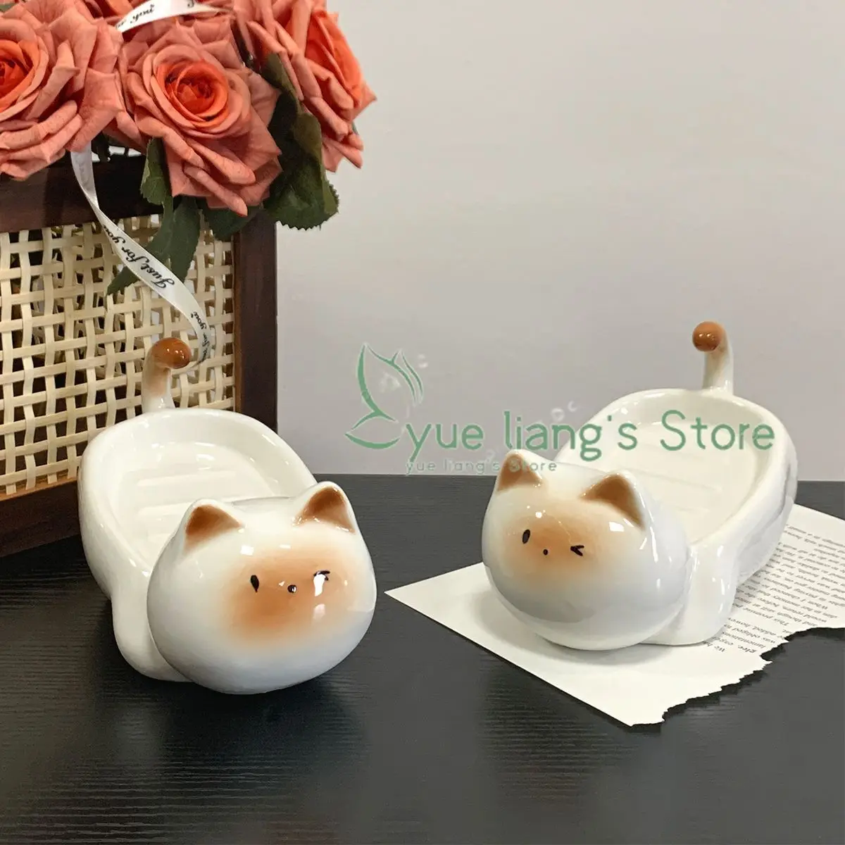 Siamese Cat Ceramic Soap Box,bathroom Household Soap Box,new Non-punching Drain Dish Bathroom Accessories