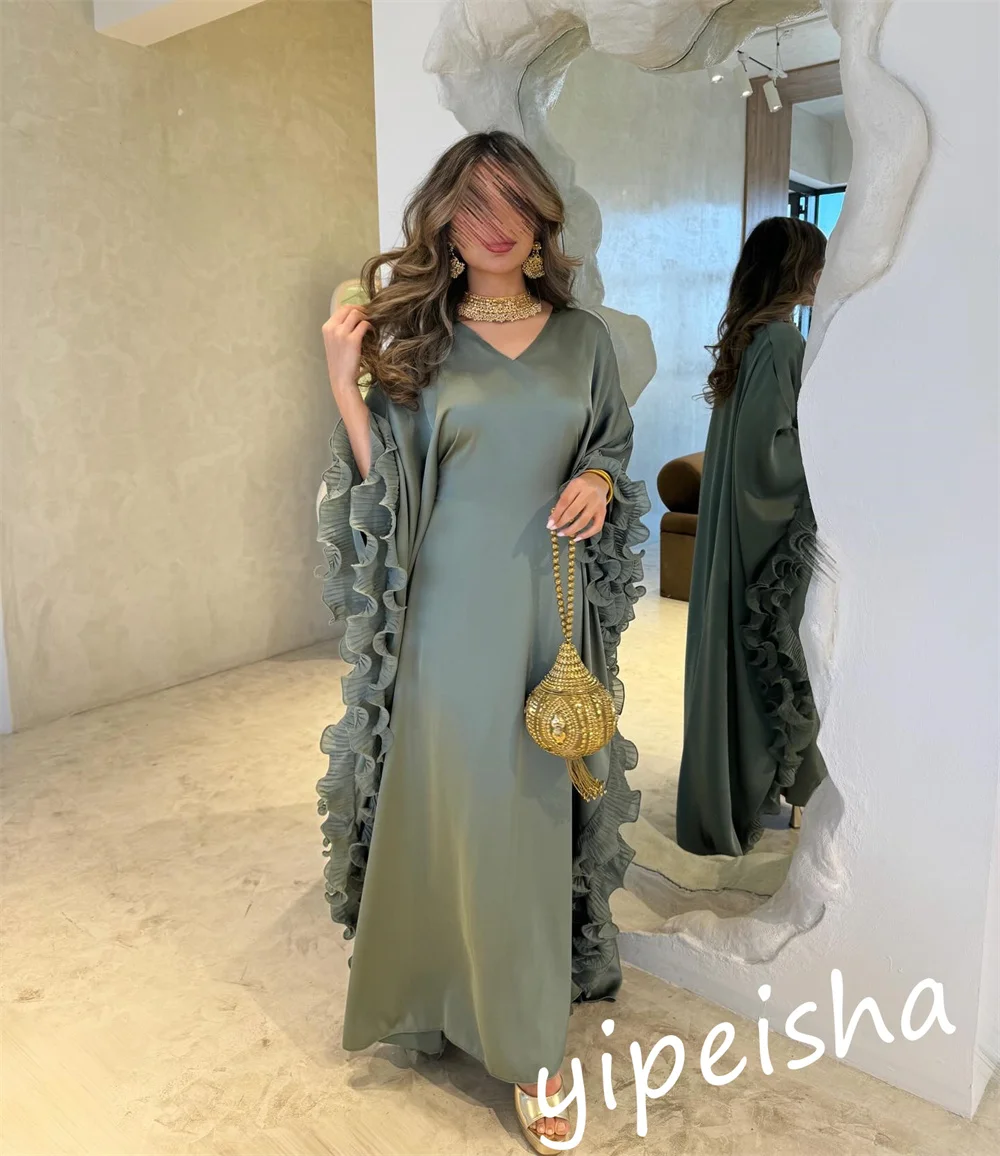 Vestido largo de gasa con volantes para baile de graduación, traje de quinceañera con cuello en V, a medida, Arabia Saudita