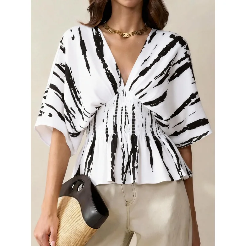 Summer Women's Tie Dye Print Blouse V Neck Batwing Sleeve Smocked Waist Peplum Top Casual Ruffle Hem Shirt