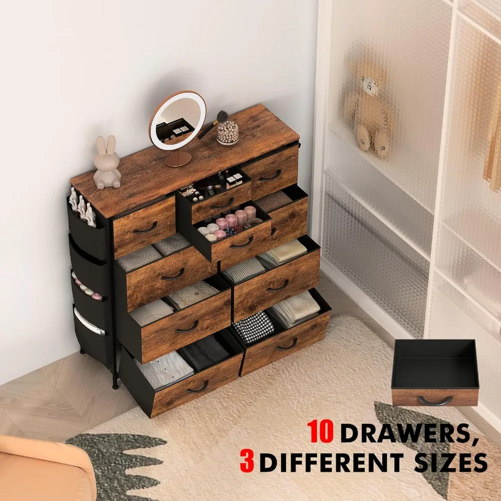 10 Drawer Dresser, Chest of Drawers for Bedroom with Side Pockets and Hooks, PU Sturdy Steel Frame, Organizer, Closet (White)