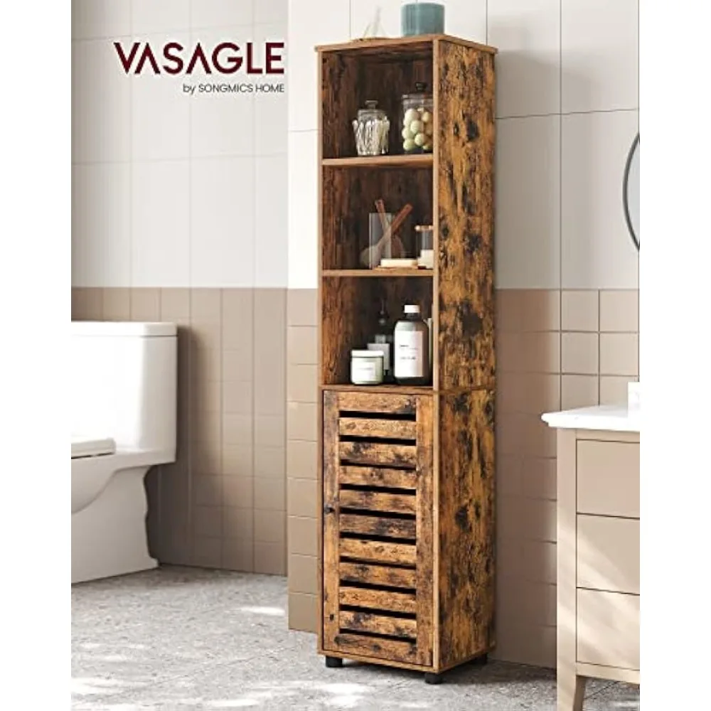 VASAGLE Bathroom Tall Cabinet, Storage Cabinet with 3 Open Compartments and 2 Adjustable Shelves Behind The Door