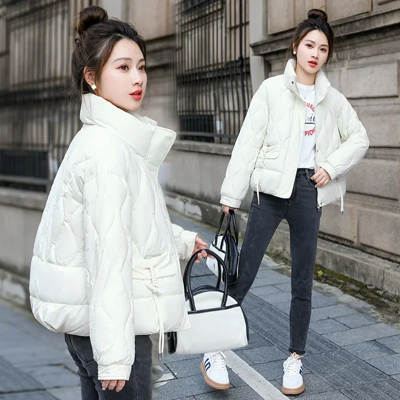 2024 New Women's Short Down Cotton Padded Jackets Autumn Winter Fashion Stand-up Collar Parka Student Coat Loose Thin Light Tops