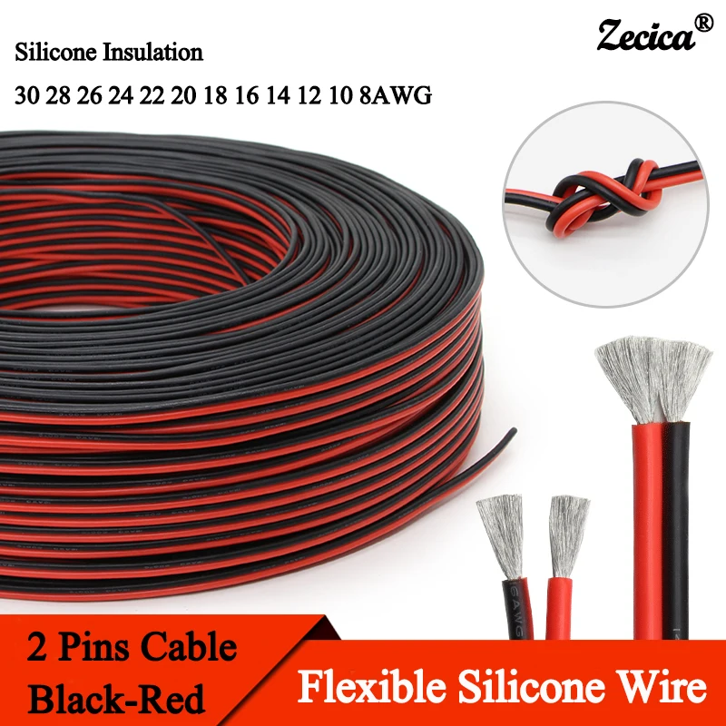 

1~20M Black-Red 2Pins Copper Wire Soft Silicone Rubber Cable 30 28 26 24 22 20 18 16 14 12 10 8AWG LED Connector Flexible Line