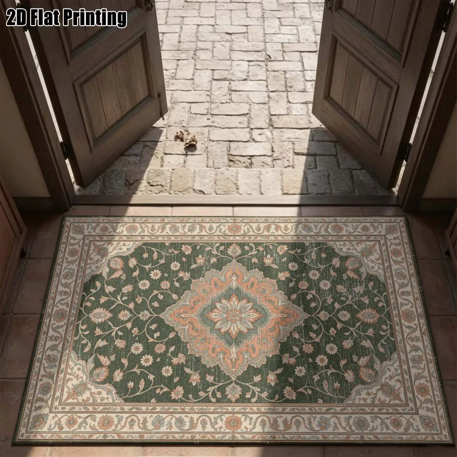 1Pc 2D Printed Carpet: Deep Green Floral & Geometric, European Vintage Bohemian Floor Mat, Home Decor, Multi-Size, Machine Washable, for Entrance, Dining, Foyer, Bedroom, Living Room