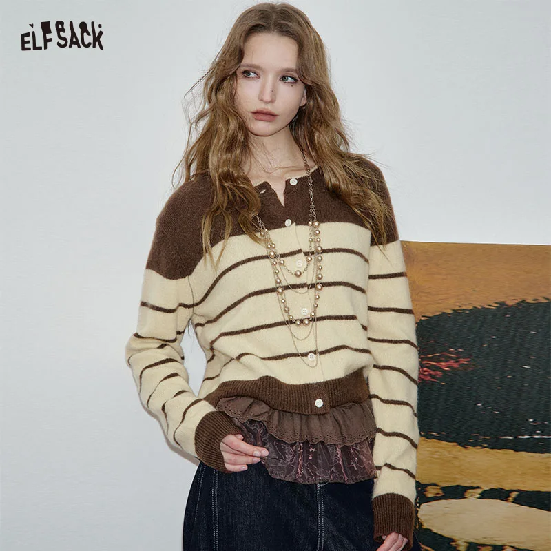

ELFSACK 2025 Autumn New Arrivals Casual Color Block Striped Turtleneck Sweater Knit Top For Woman