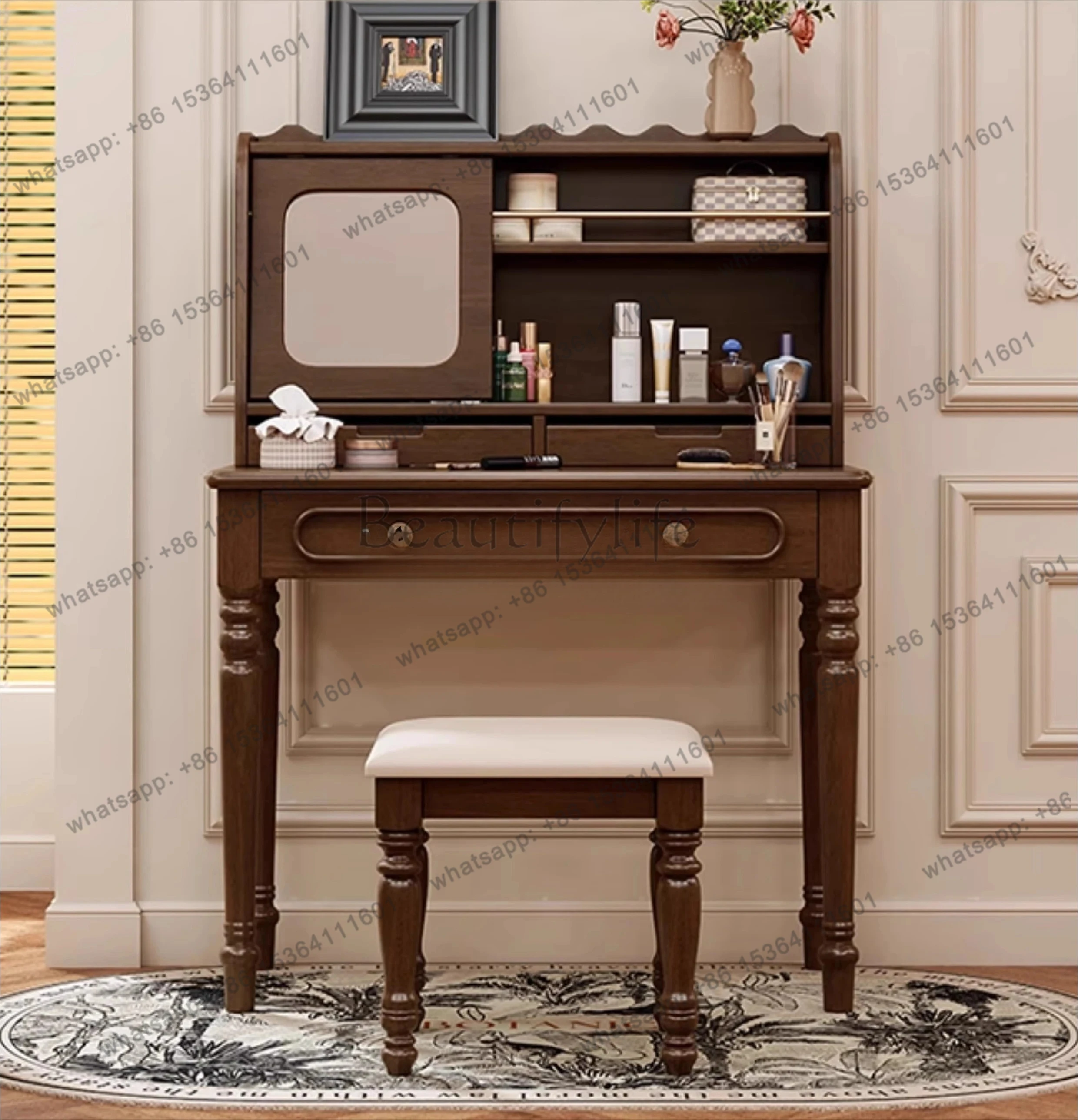 retro solid wood dresser makeup mirror modern simple bedroom makeup table desk integrated small apartment