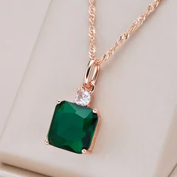 Kinel Hot Square Green Stone Pendant Necklace for Women 585 Rose Gold Color With Natural Zircon Accessories Daily Fine Jewelry
