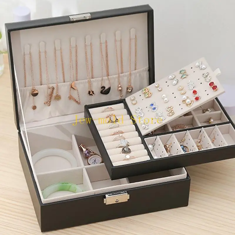 C71B المحمولة السفر بو طبقات مزدوجة صندوق مجوهرات عرض المنظم أقراط خواتم القلائد تخزين حامل هدايا النساء الفتيات