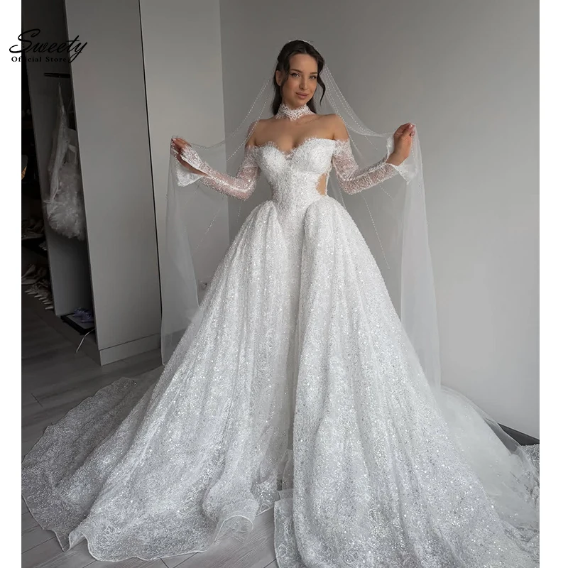 Luxury Wedding Dress Bead Organza With Embroidery Princess Ball Gown Full Sleeve O-Neck Customized Bride Button Vestido De Novia