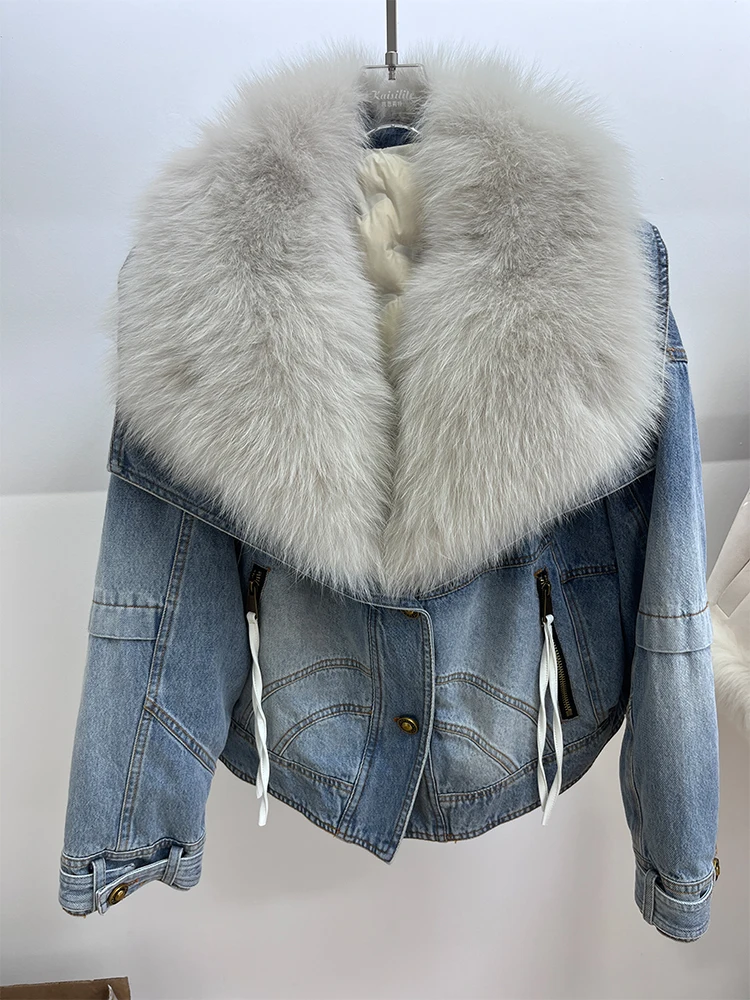 

New Women's Winter Denim White Goose Down Coats With Natural Real Fox Fur Collar Outwear Luxury Female Jacket