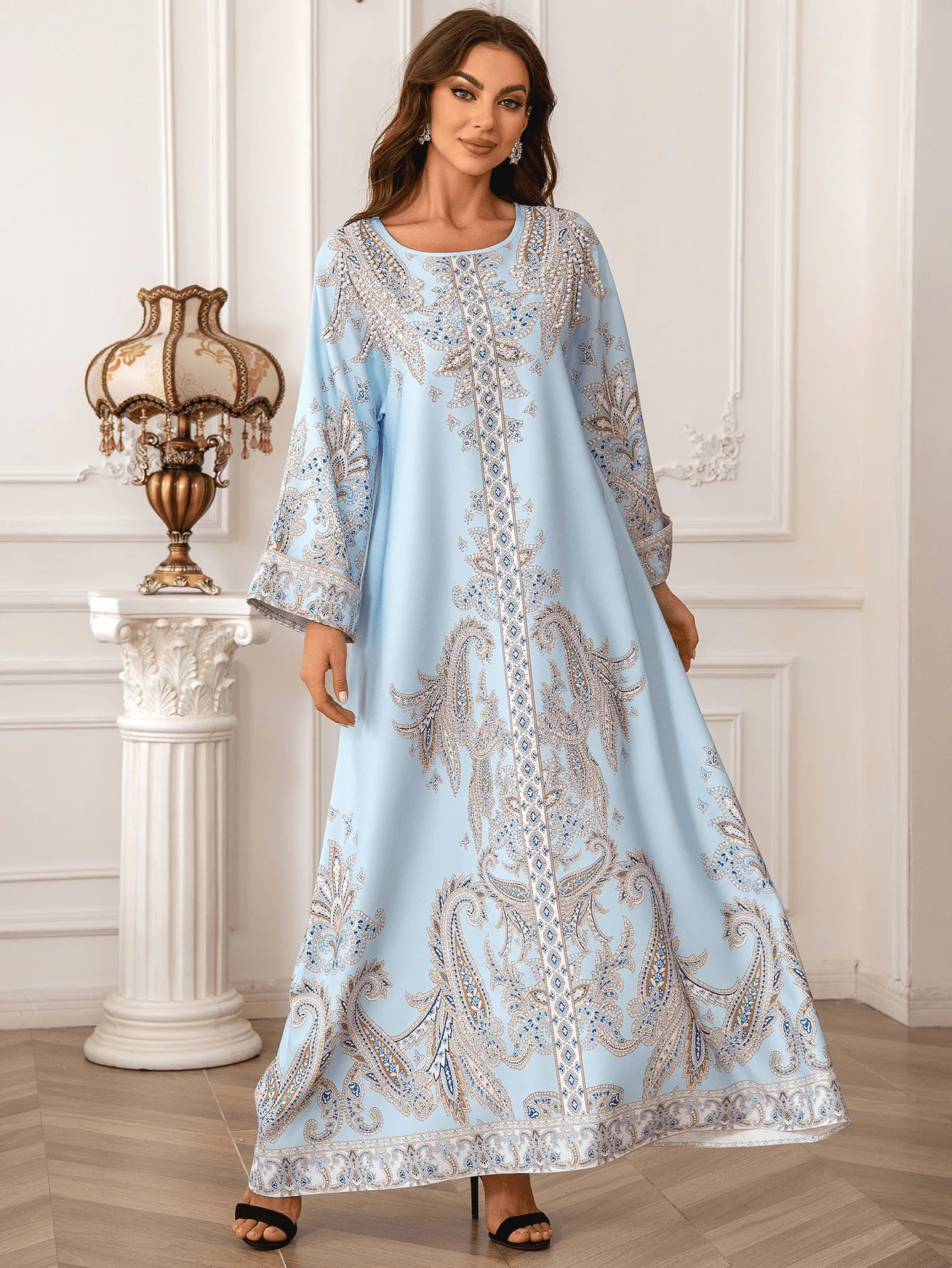 Eid Muslim Beading Party Dress for Women Ramadan Abaya Long Dress Print Morocco Kaftan Vestidos Largos Dubai Robe Jalabiya 2024