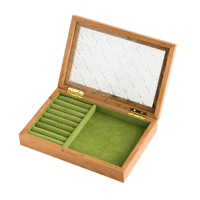 Wooden Jewelry Box with Glass Dustproof Flip Cover Women Cosmetics Storage Cases for Rings Necklace Earrings Bracelets