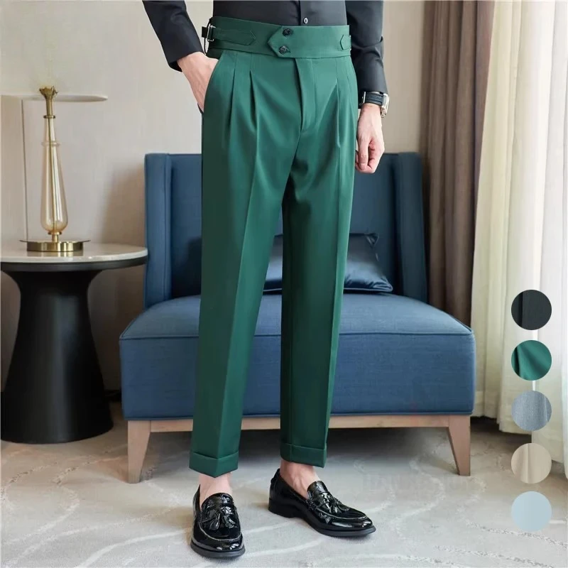 Men's Naples Trousers, Daily Casual Drape Sense High Waist Straight Tube Leisure Pants.Retro Green Formal Suit Pants J64