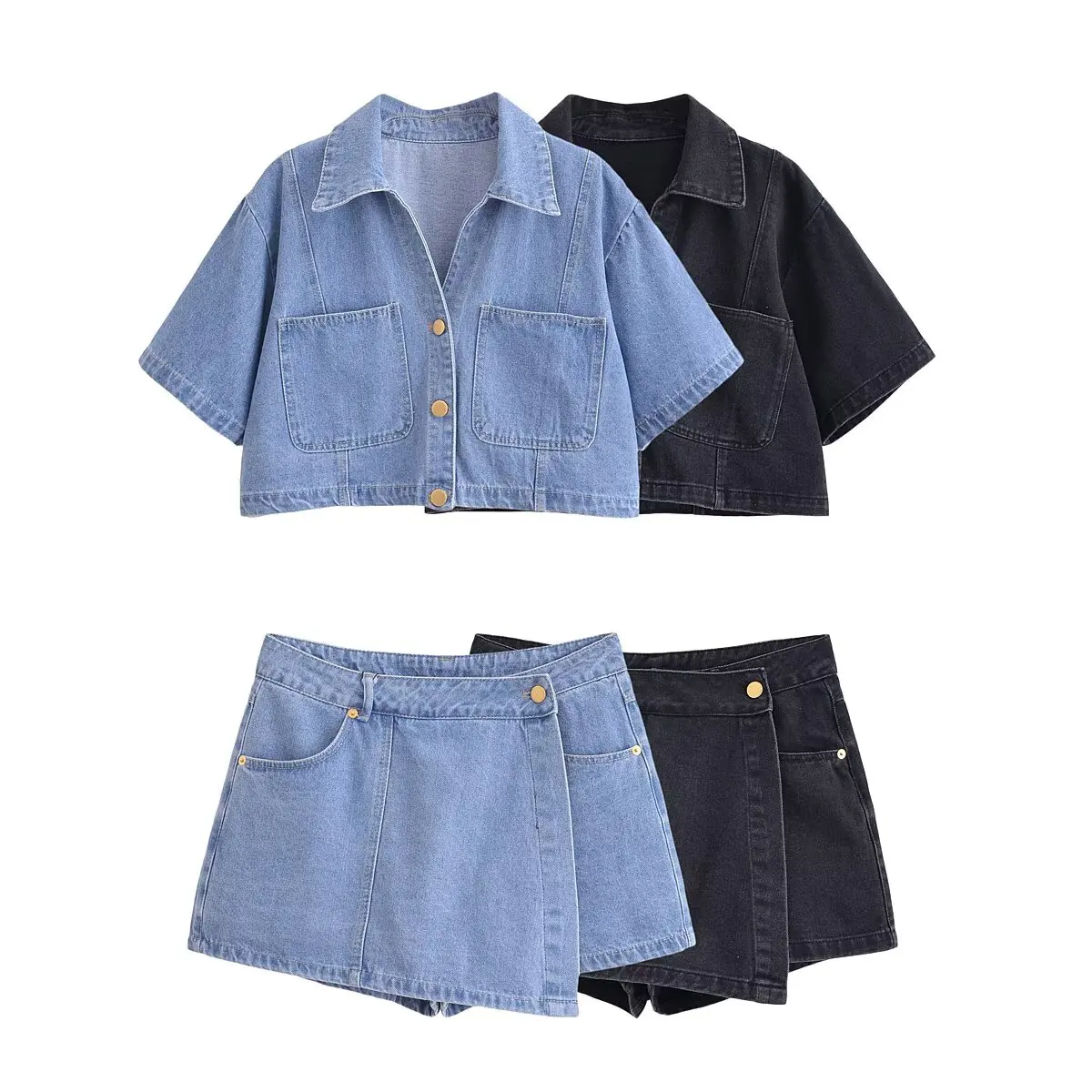 

UNIZERA Women's Short Collar Denim Shirt High Waist Skirt Solid Color Style Summer New Pants