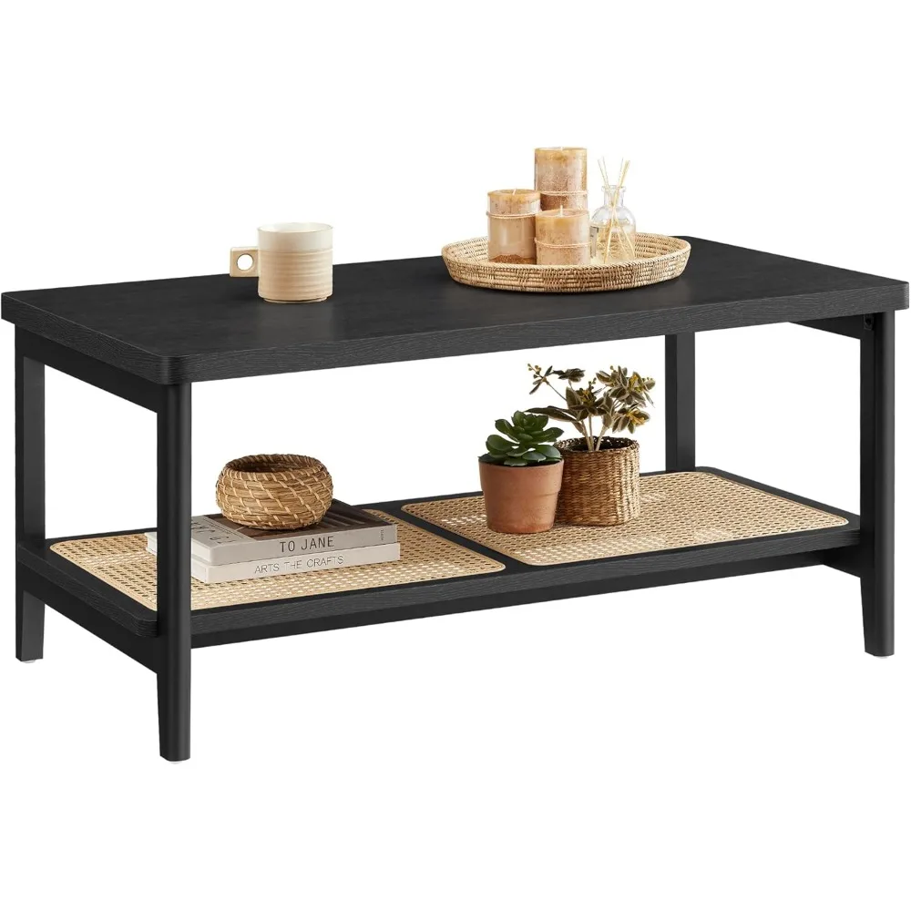 

2-Tier Coffee Table for Living Room, Rectangular Living Room Table, with PVC Rattan Storage Shelf, Rounded Corners, Easy Assemb