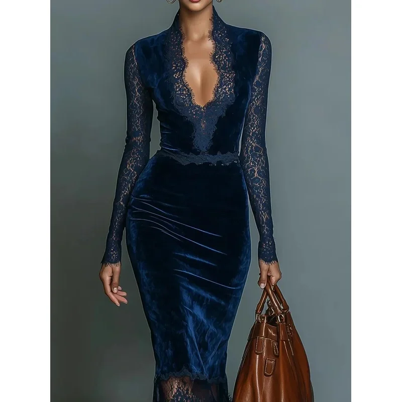 Elegant Velvet Lace Trim Evening Cocktail Dress for Women Temperament Sexy Sheer Long Sleeve V-Neck Mesh Party Bodycon Dress