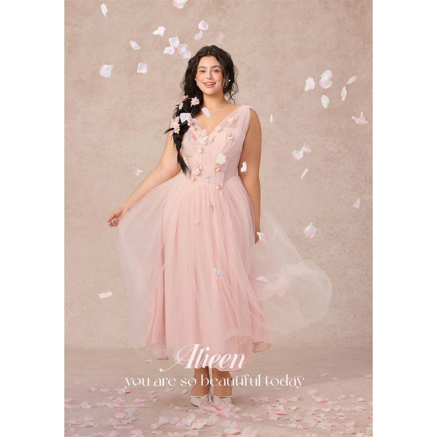 

Aileen Tulle V-Neck Pink A-Line Evening Dress 2026 Prom Dress Formal Evening Customized Women's Gala Banquet Floral Gown New