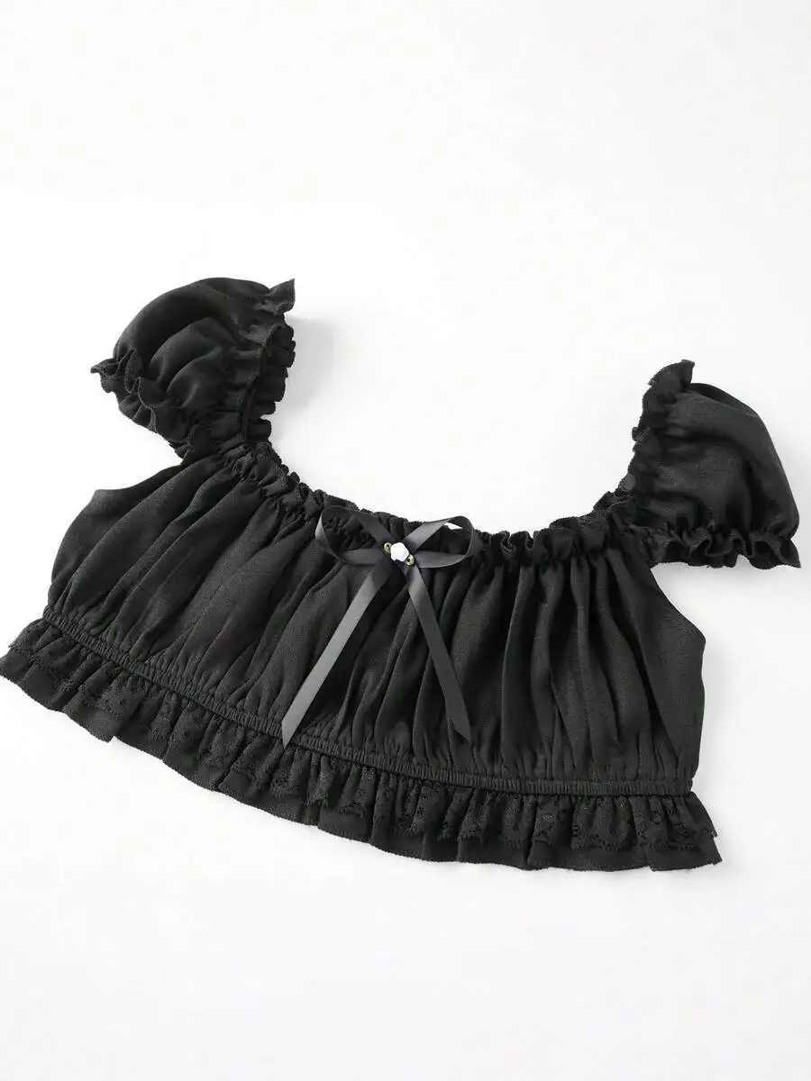 

Women Off Shoulder Crop Top With Ruffle Trim And Bow Detail