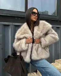 2024 Winter New Fashion Gradient Fluffy Fur Coat Women High Street Luxury Big Fur Collar Faux Fox Fur Jacket Female Overcoats