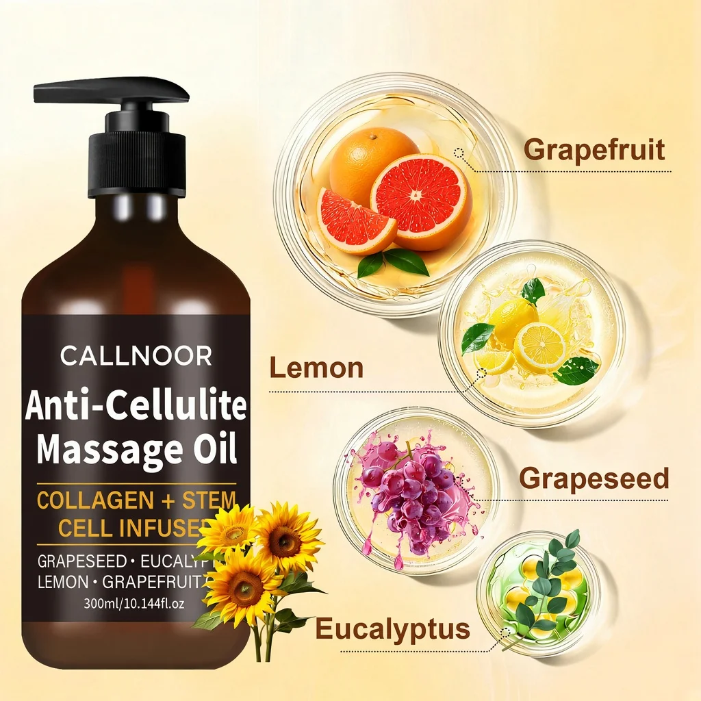 Anti-Cellulite Massage Oil 300ml. Collagen. Stem Cell Infused. With Grapeseed. Eucalyptus. Lemon. Grapefruit Oils.