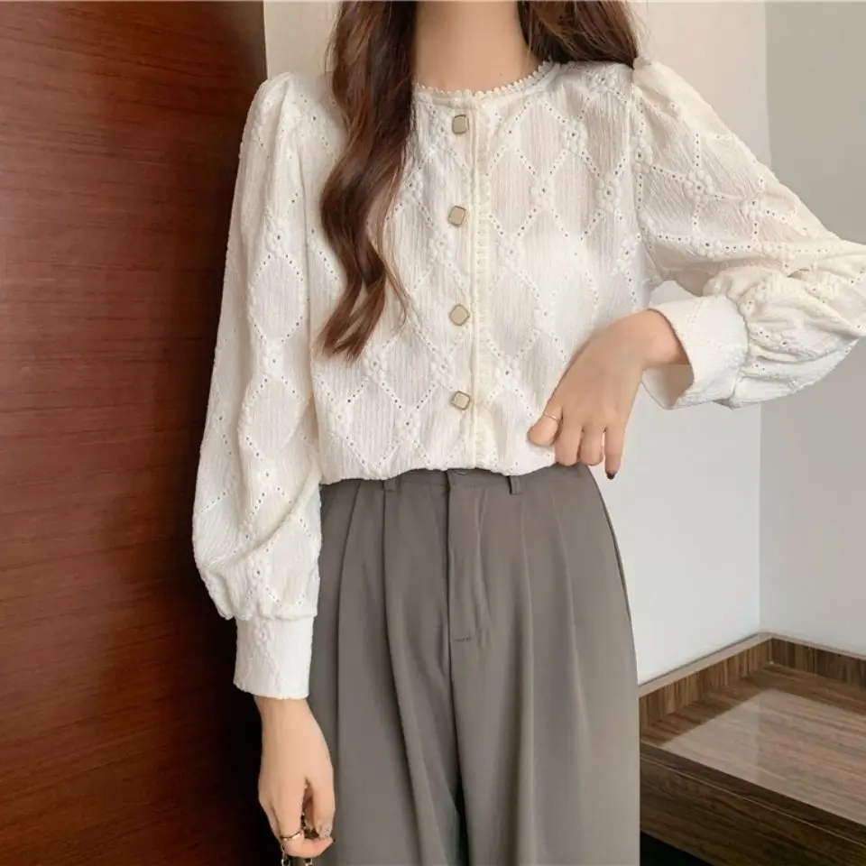 Shirts Women Vintage Elegant Lace Design Female Spring Casual O-neck Literary Trendy Korean Style Daily All-match Graceful Solid