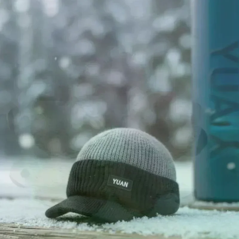 Men Knitted Winter Hat With Ear Flaps Brim Warm Beanie Cap For Skiing Hiking Cold‑Weather Outdoor Activities