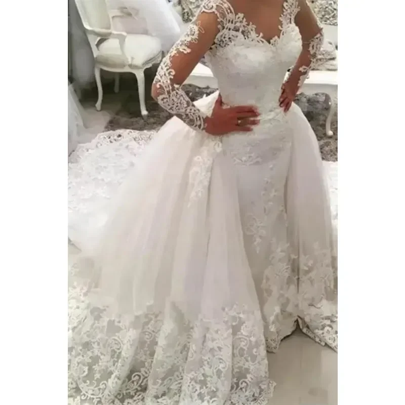 Customized V Neck Long Trail Buttons Weeding African Fashion Mermaid Wedding Dresses Bridal Gown