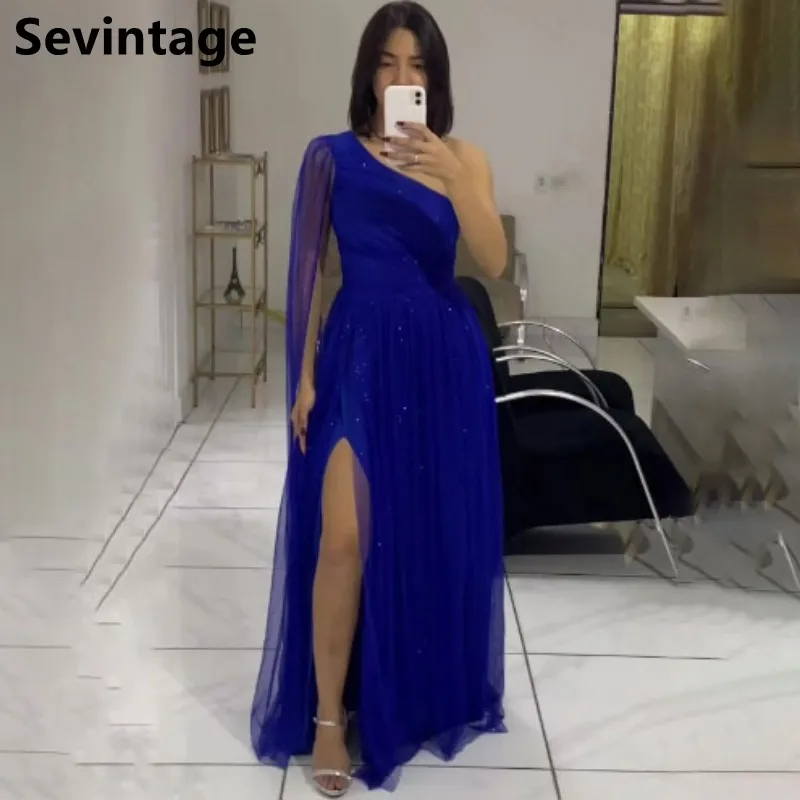 Sevintage-vestido de noche de tul azul real brillante, vestido de un hombro hecho a medida, vestido de graduación árabe, vestido de fiesta de boda, 2025