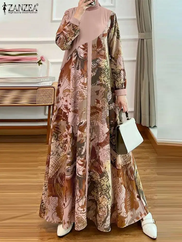 ZANZEA Bohemain Floral Printed Muslim Abaya Dress Women Autumn Long Sleeve Patchwork Maxi Sundress Robe Femme Ramadan Vestidos