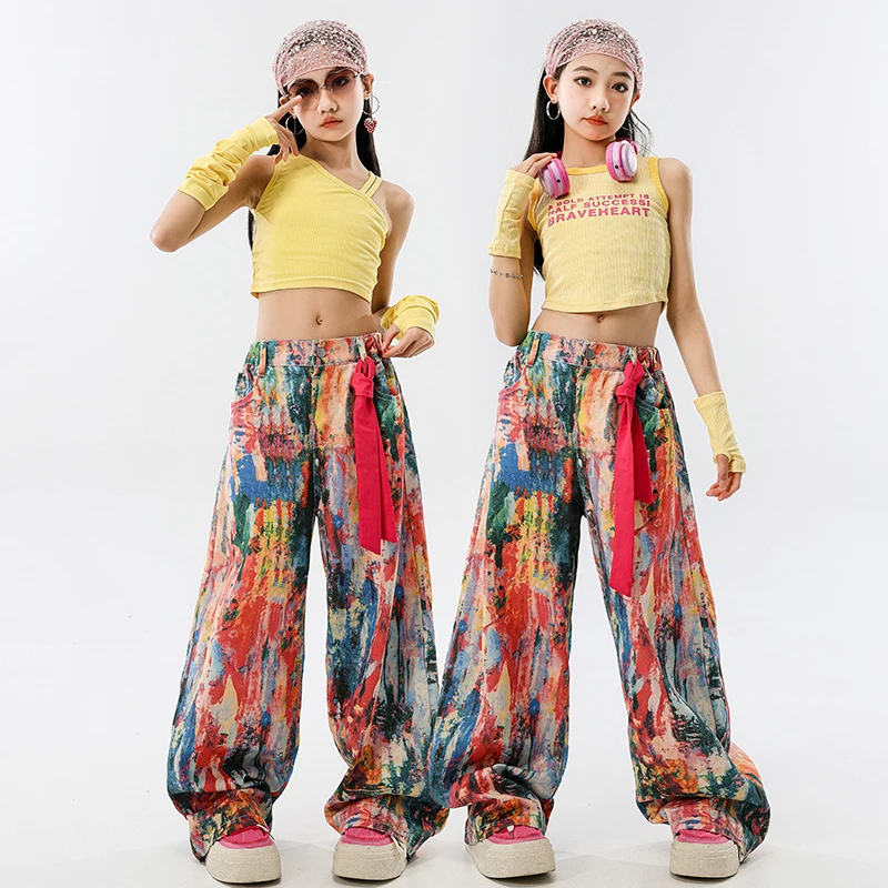 Set da ballo di strada per ragazze Costume da ballo jazz Vestito hip-hop Abiti da spettacolo per bambini Top corto giallo Pantaloni Graffiti XH2677
