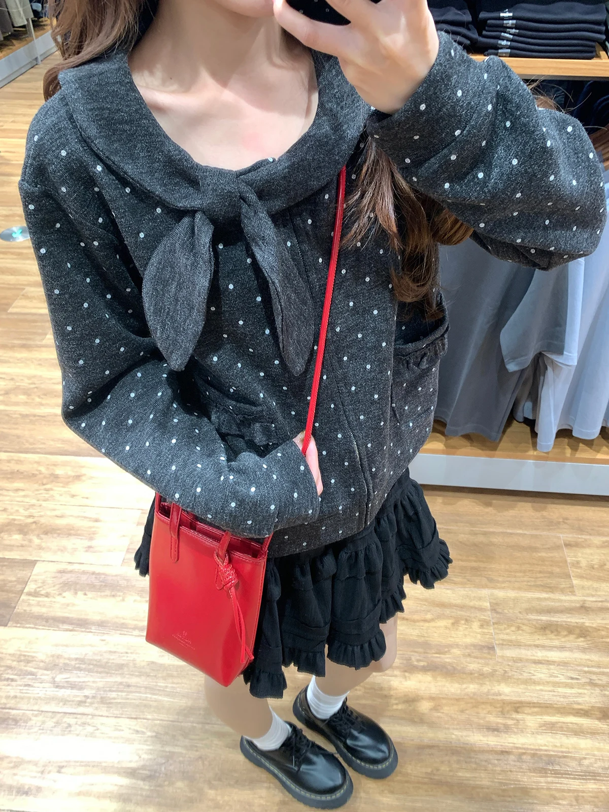 

Xu Zi Polka Dot Fce Lined Oversized Cardigan Bow Tie Warmth Women's Autumn Winter Outerwear College Sle Long Sve Coat