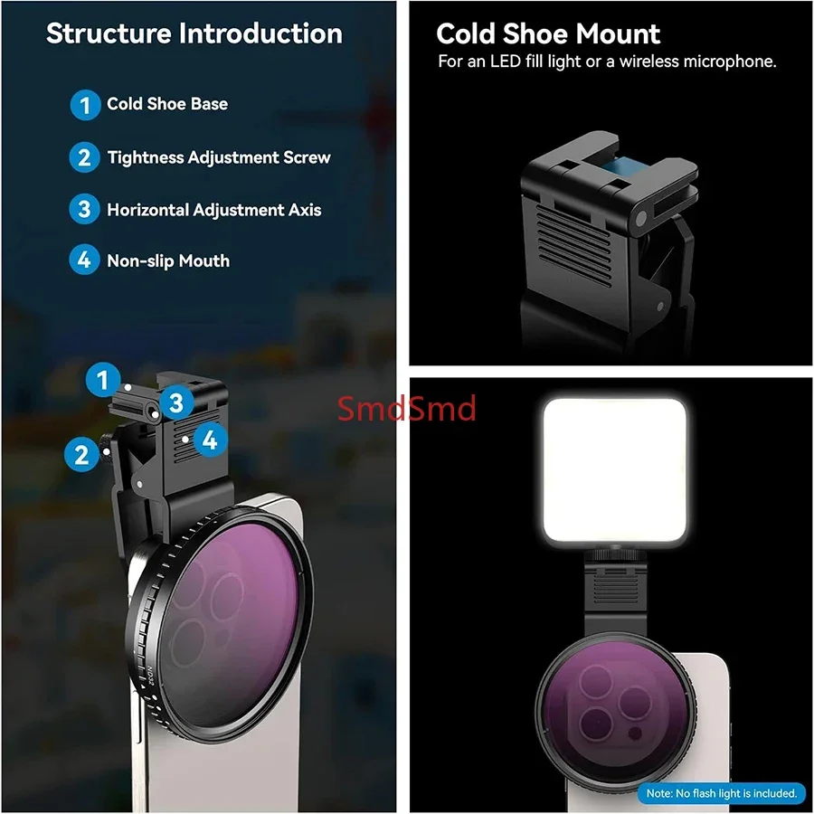 67/52mm Variable ND2-ND400 Filter for DSLR/iPhone 15 14 Pro Max/Samsung/Huawei, Universal Clip, Cold Shoe, Camera Lens Adapt