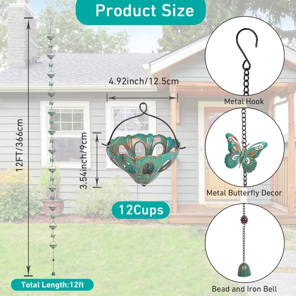 Металлическая цепочка от дождя с украшением в виде бабочки, регулируемый сбор дождевой воды, 12 футов, на открытом воздухе