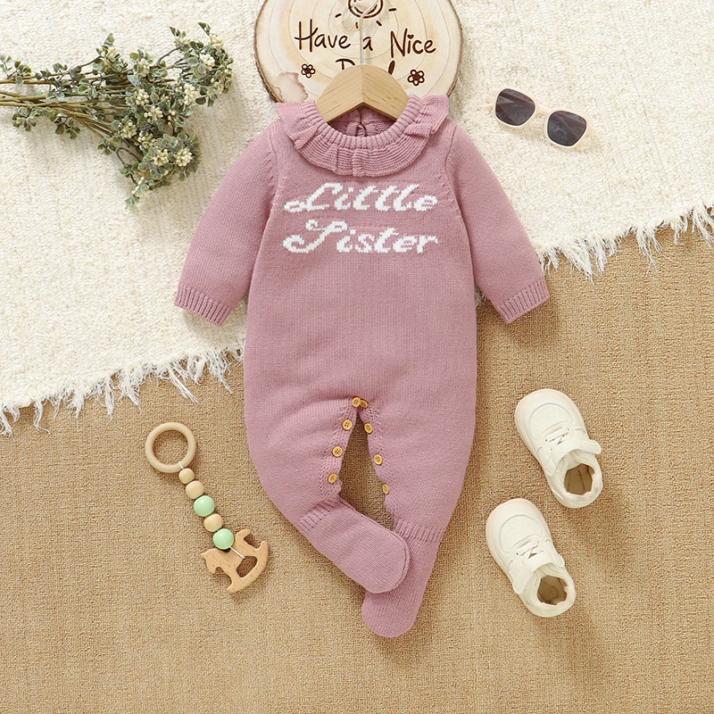Baby Rompers Knitted Newborn Girls Boy Jumpsuit Long Sleeve Foot Wrap Fall Infant Kid Clothes 0-9M Fashion Letters Overalls Warm