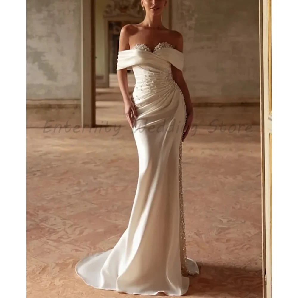 Off Shoulder Sweetheart Satin Mermaid Wedding Dress Pearls Beaded Ruched Side Slit Chapel Train Elegant Bridal Gown