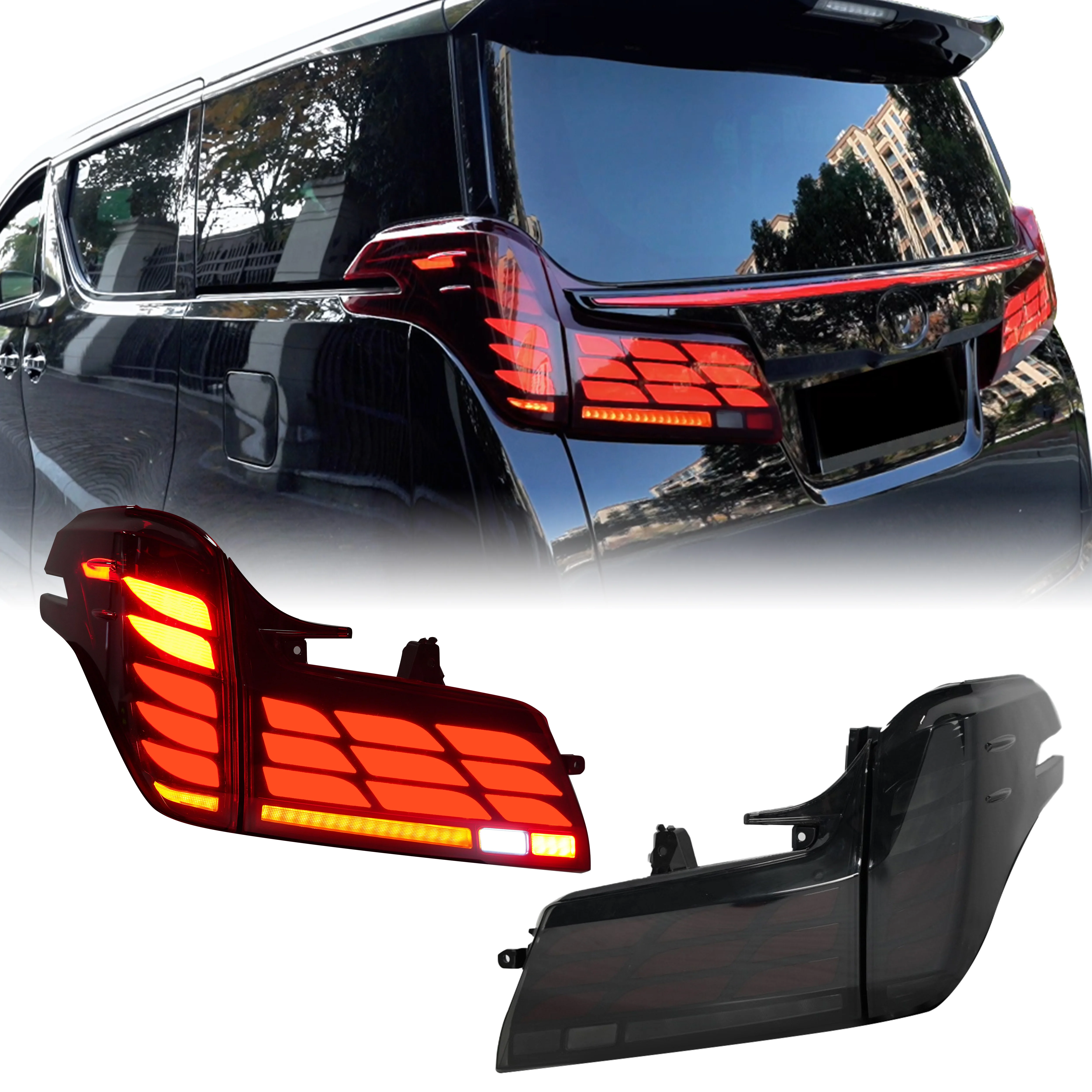 

LED Tail Lights for Alphard 2015-2023 - Smoked Lens, Sequential Signals, Plug & Play