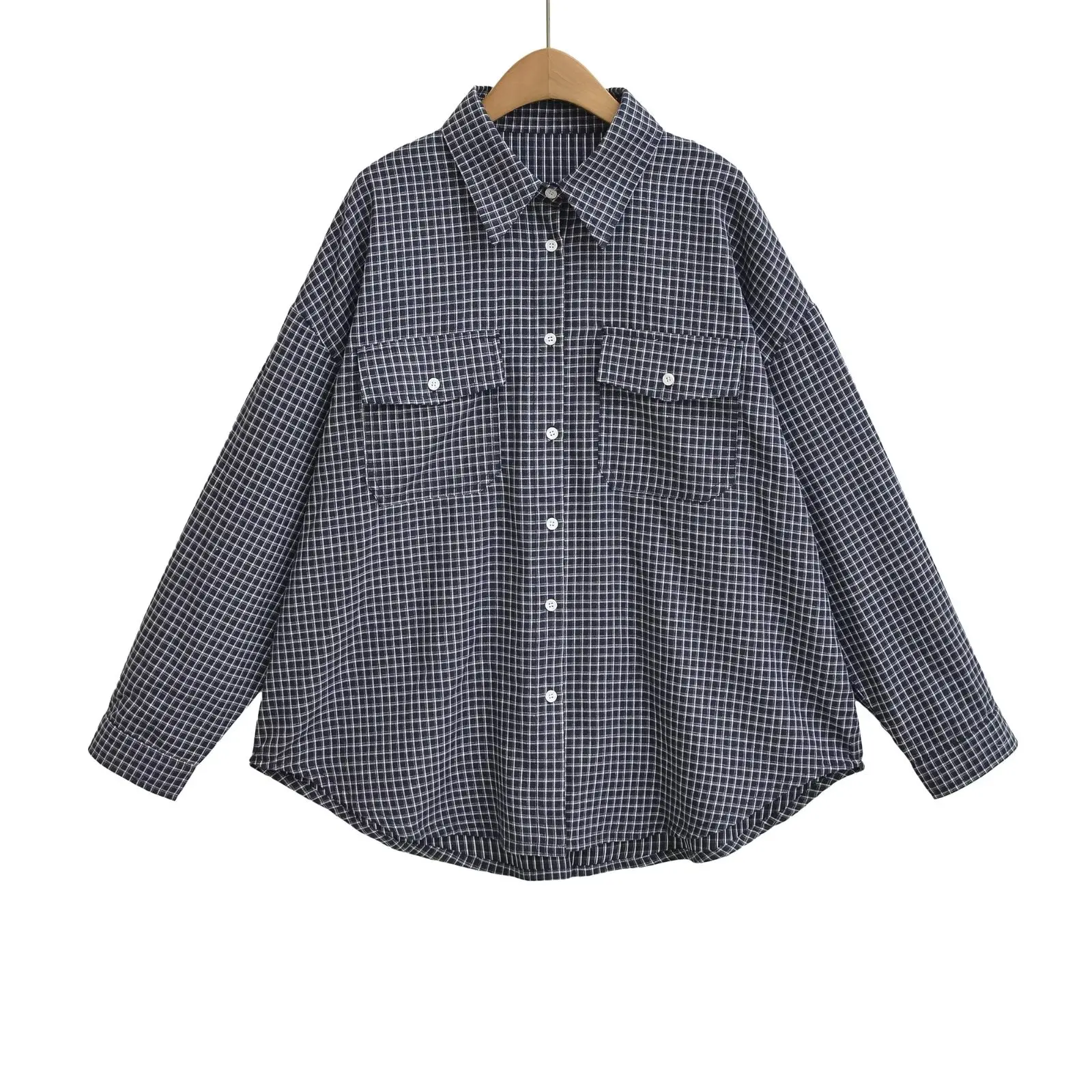 Sciolto lungo Sve Plaid irt Jaet Donna Autunno Design retrò Senso Piccolo ence Top misto cotone poliestere traspirante