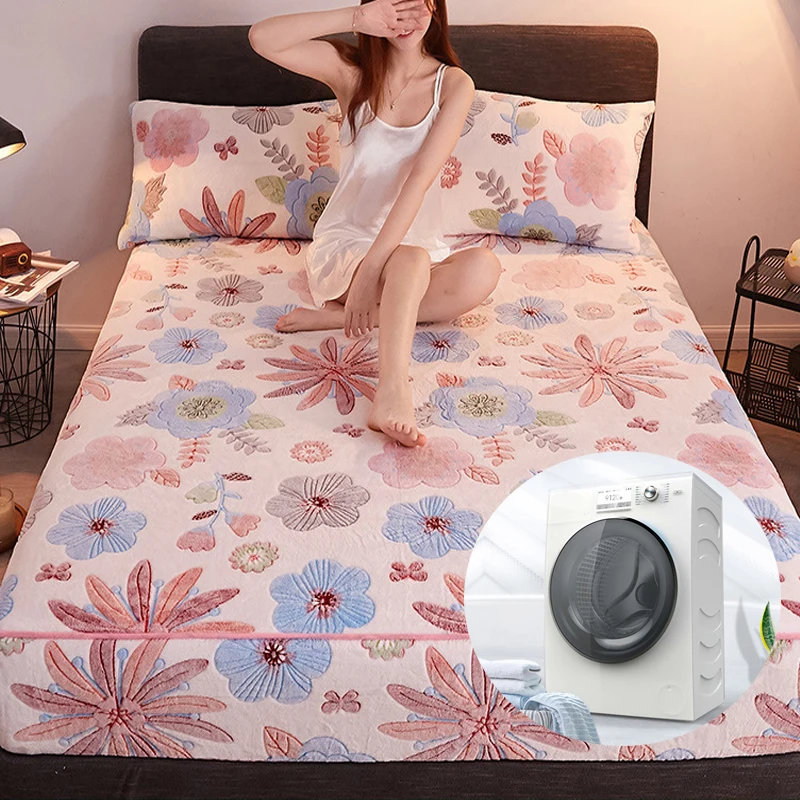 Flannel Fleece Soft Bed Cover Winter Thicken Warm Double-sided Fleece Bed Vertical Warming Fast Mattress Protector Bed Spread