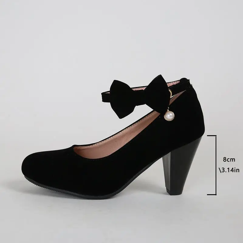 ASILETO Wedding Female Pumps Round Toe Block High Heels 6cm Flock Ankle Strap Bowknot Plus Size 47 48 Sweet Party Shoes