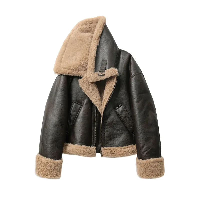 

Fall/Winter New Arrival Women's Commuter Style Wide Collar Faux Fur-Lined Jacket PU Leather Coat Warm-Weather Jacket A