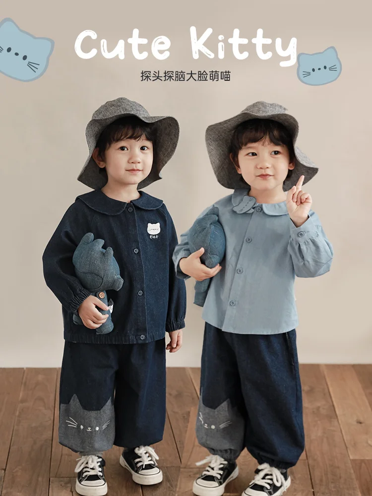 Boys Embroidered Cat Loose Shirt Spring Children's Handsome Jeans Two Piece Set