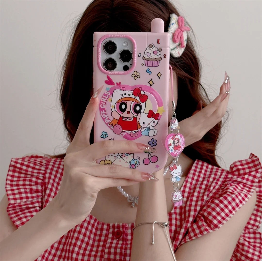 3D Telephone Cute Hello Kitty Kuromi with Makeup Mirror Widgets Phone Case for IPhone 16 15 14 13 12 11 Pro Max Back Cover Gift