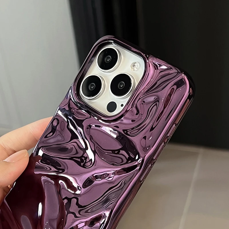 Plating Purple Meteorite Fold Texture Glossy Case For iPhone 16 Pro Max 17 Air 15 13 12 11 14 Plus Soft Shockproof Phone Cover