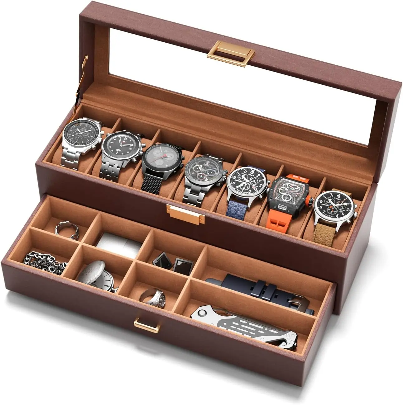 

7-Slot Men's Watch Storage Box with Jewelry Drawer, PU Leather Display Case for Watches and Accessories
