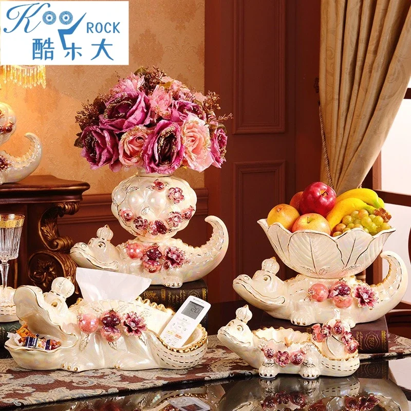 Gilded Crocodile-Back Ceramic Fruit Bowl Set w/ Pomegranate Accents - Luxury Living Room Centerpiece & Creative Candy Display